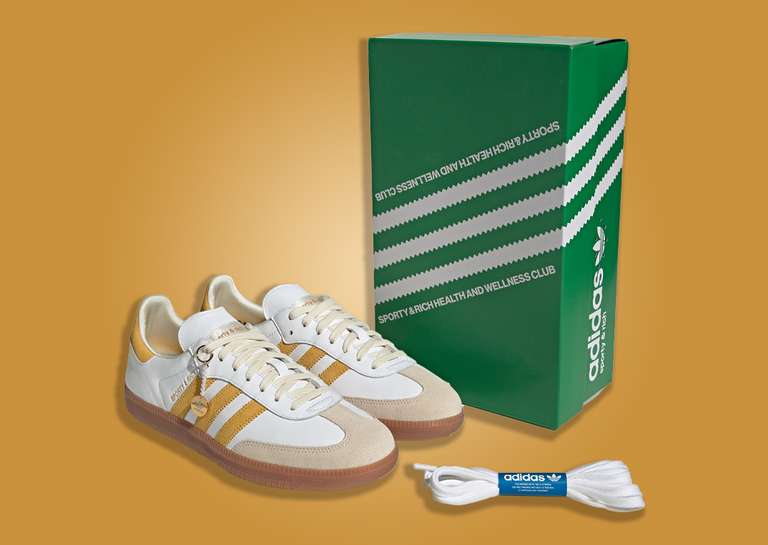 Sporty & Rich x adidas Samba White Bold Gold Sneaker and Packaging