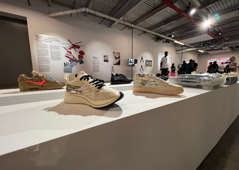 Exhibit shot of Nike Off-White "The Ten" series Fly and Air Force 1