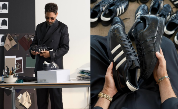 Ronnie Fieg holding a pair from the Kith x adidas Superstar Black Tie Collection