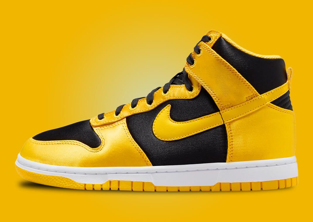 The Women's Nike Dunk High Satin Black Varsity Maize