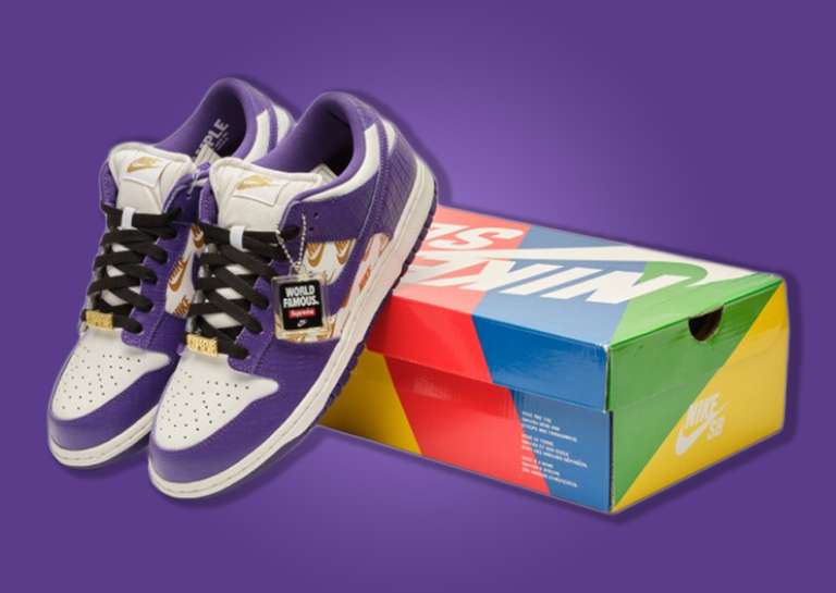 Supreme x Nike SB Dunk Low Court Purple Sample Sneaker and Packaging