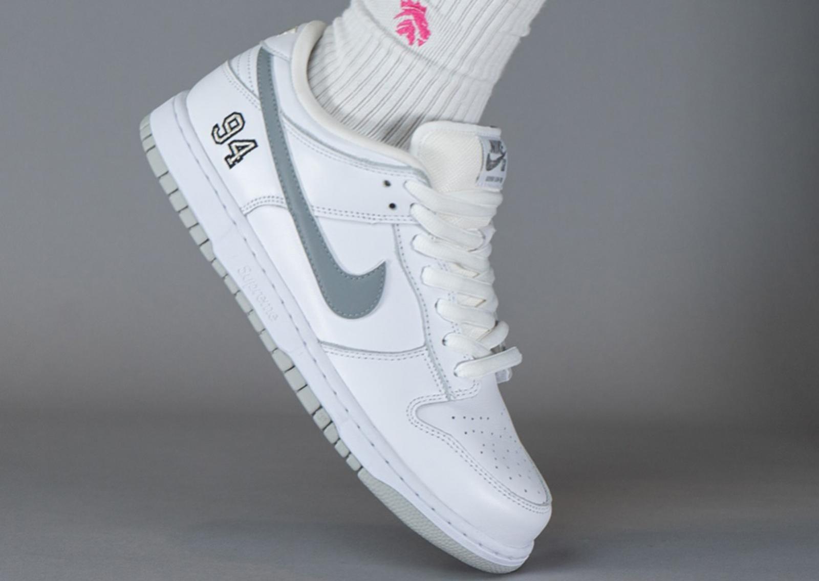 Supreme x Nike SB Dunk Low White Metallic Silver Toe Down