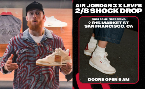 George Kittle with the Levi's x Air Jordan 3 Retro Year of the Horse (left); Release info for the Levi's AJ 3 Year of the Horse (Right)