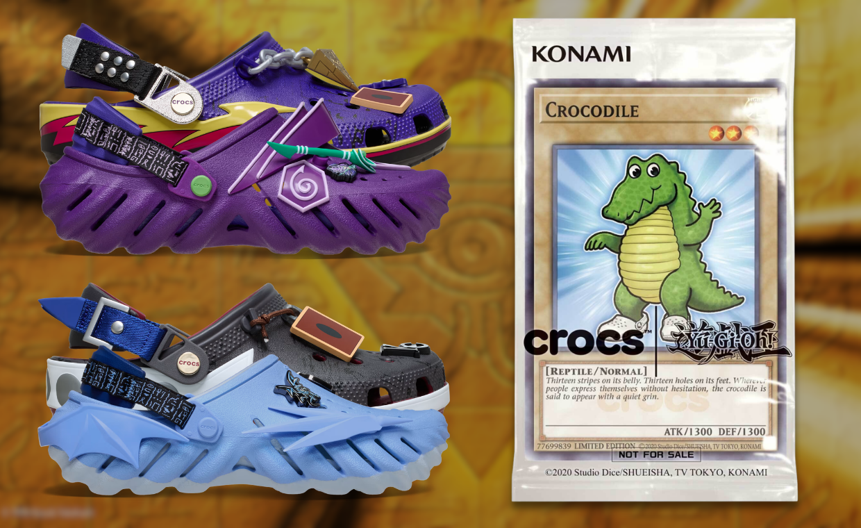 Yu-Gi-Oh! x Crocs Collection (left); limited edition Crocs Yu-Gi-Oh! crocodile monster card (right)