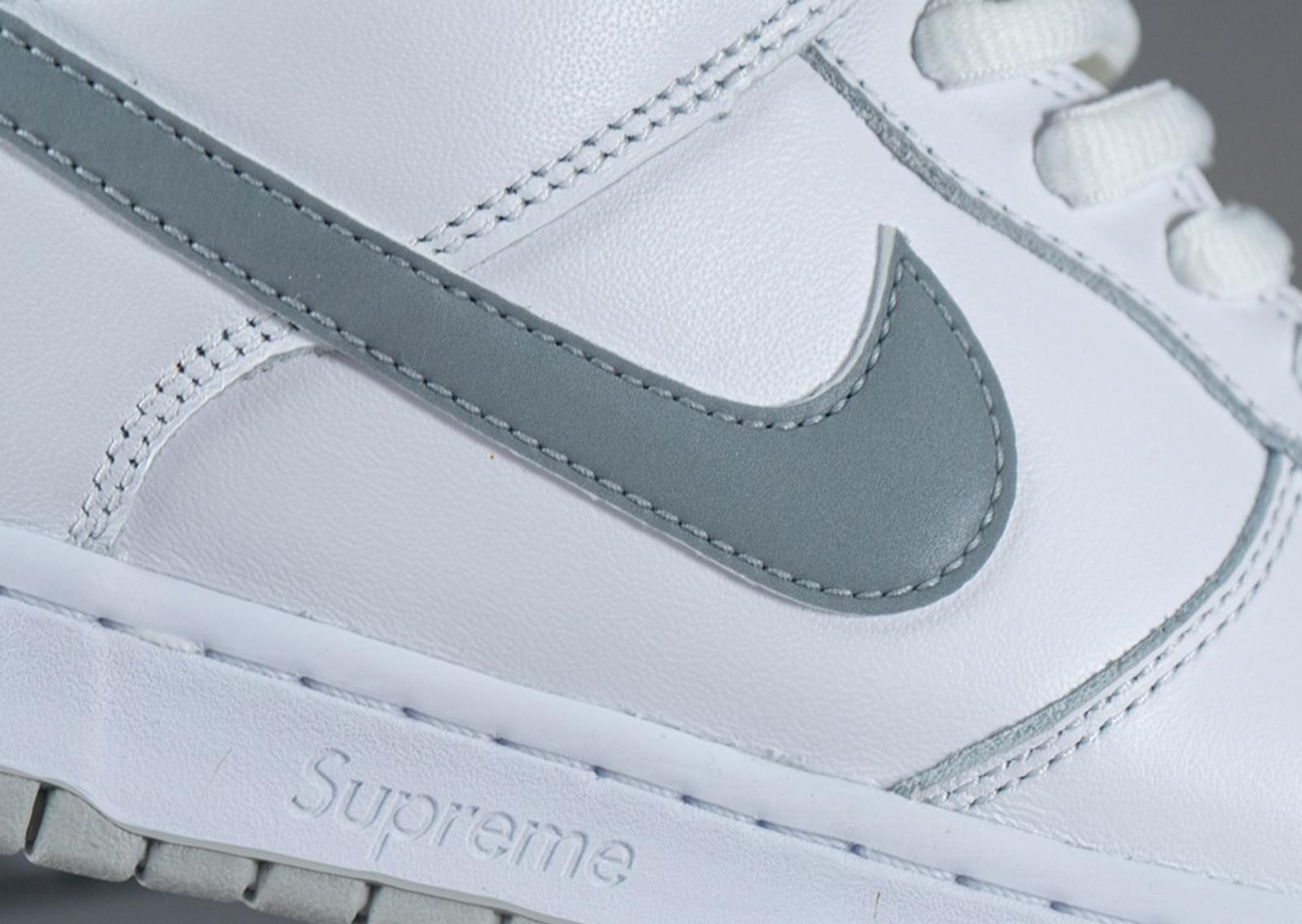 Supreme x Nike SB Dunk Low White Metallic Silver Midfoot