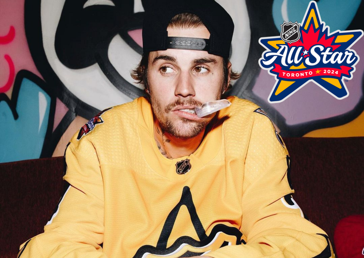 Justin Bieber in the Drew House x adidas NHL All-Star Jersey 2024
