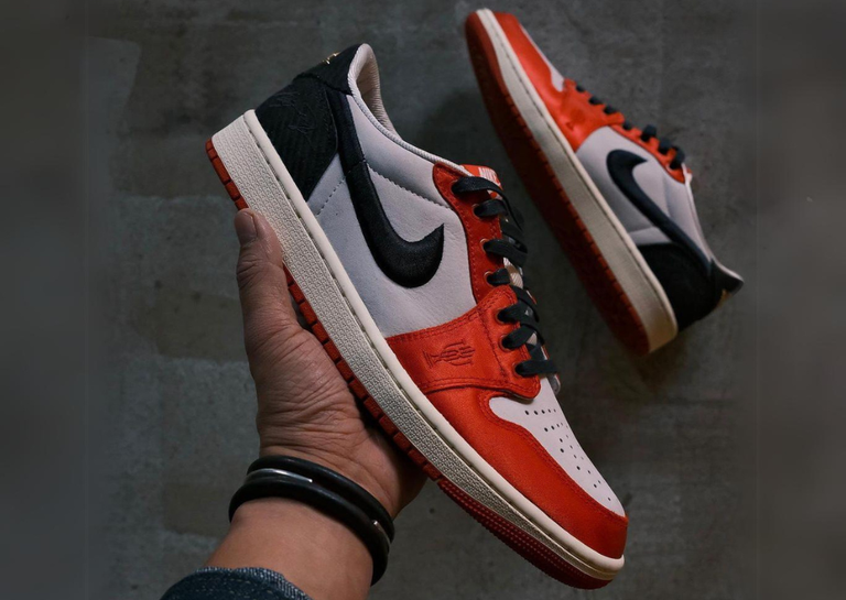 Trophy Room x Air Jordan 1 Retro Low OG SP White Red Black In-Hand Lateral