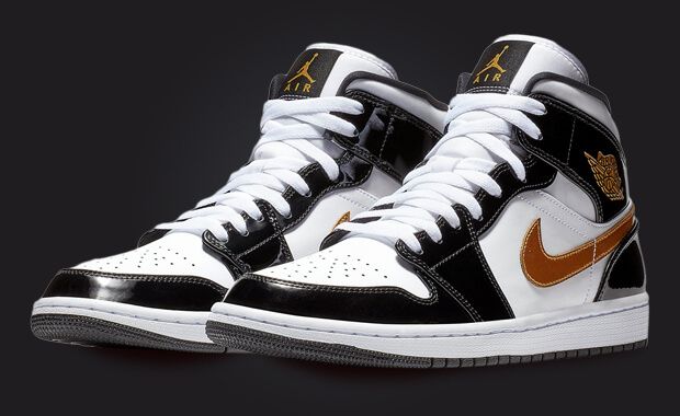 Air Jordan 1 Mid SE Patent Black Metallic Gold White (PS) - BQ6932 