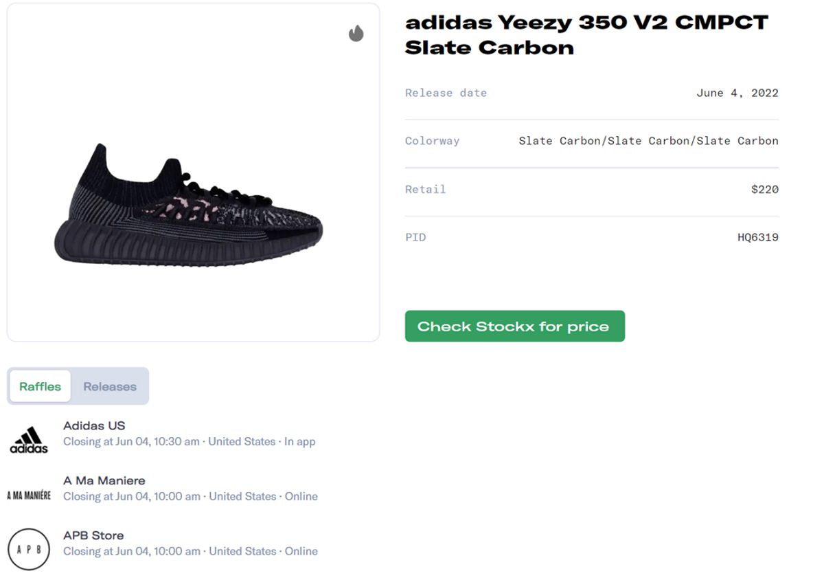 adidas Yeezy 350 V2 CMPCT Slate Carbon - HQ6319 Raffles and