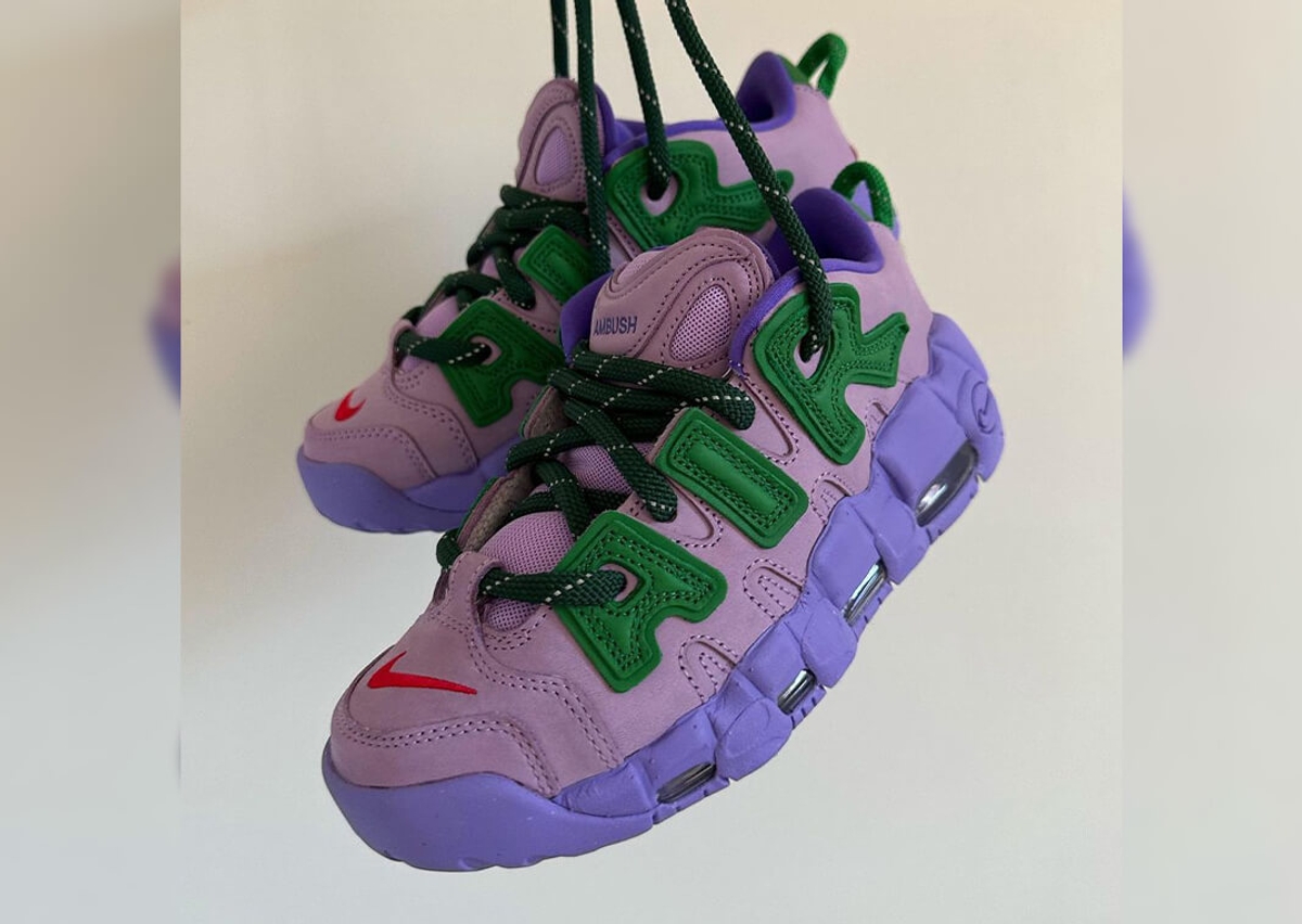 On Foot Look At The Vibrant AMBUSH x Nike Air More Uptempo Low Lilac Apple  Green Colourway