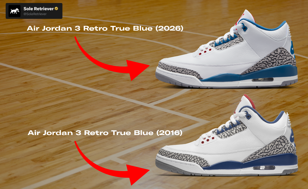 Air Jordan 3 Retro True Blue 2026 (top) vs. Air Jordan 3 Retro True Blue 2016 (bottom)