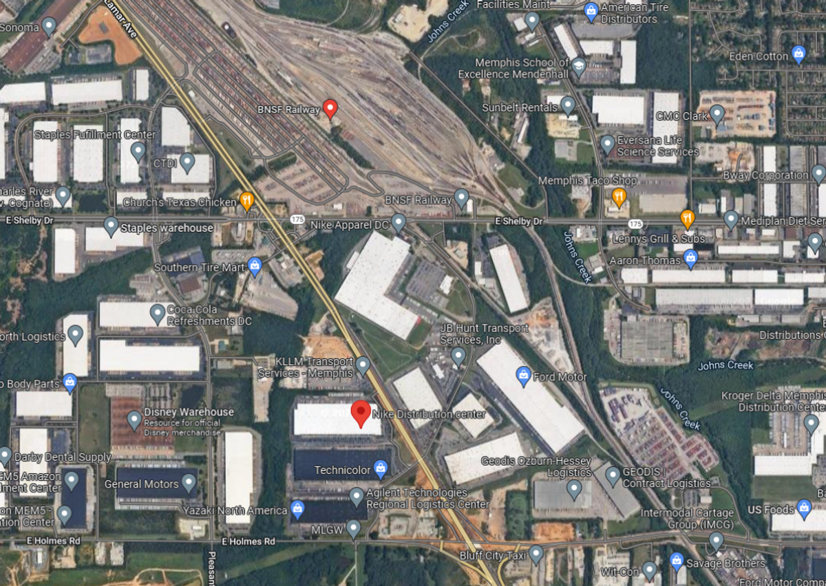 BNSF Railway In Relation To Nike's Distribution Center In Memphis, Tennessee (Image via Google Maps)
