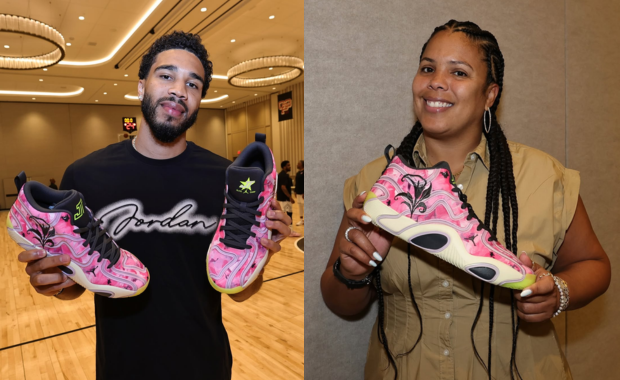 Jayson Tatum (left) and his mother Brandy (right) with the Jordan Tatum 3 Tatum Camp PE