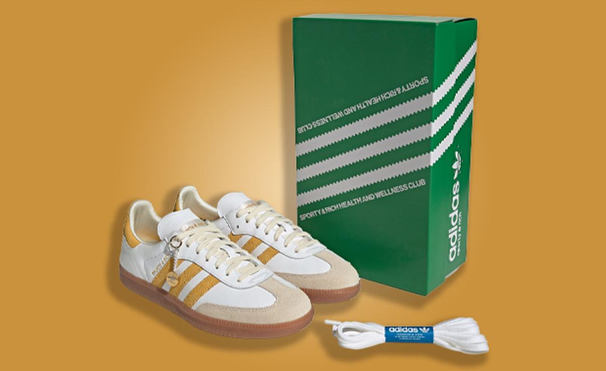 Sporty & Rich x adidas Samba White Bold Gold Sneakers and Packaging