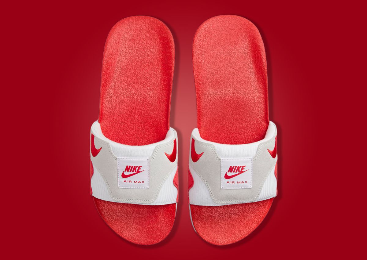 Nike Air Max 1 Slide rosse, bianche e grigie