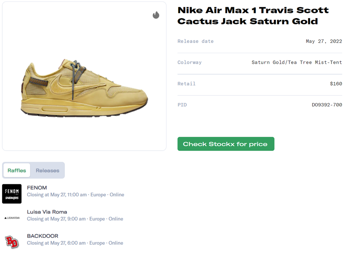 Travis Scott x Nike Air Max 1 Saturn Gold Raffle Guide