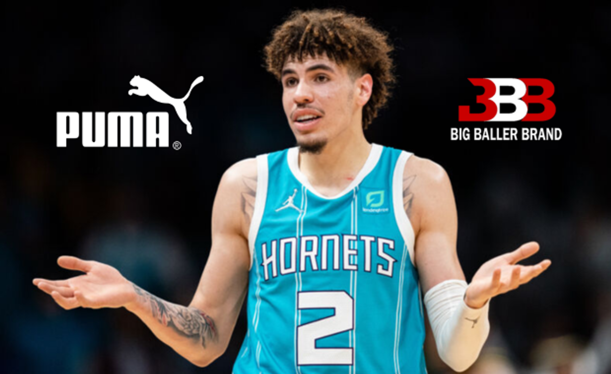 LaMelo Ball In an NBA Game with Puma and Big Baller Brand Logos Added