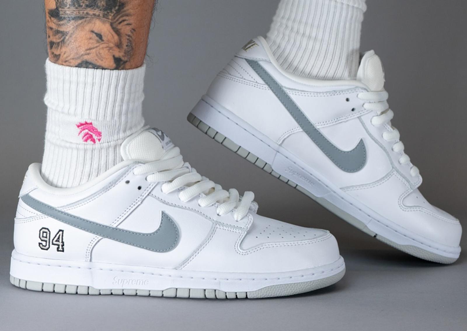 Supreme x Nike SB Dunk Low White Metallic Silver Pair Right