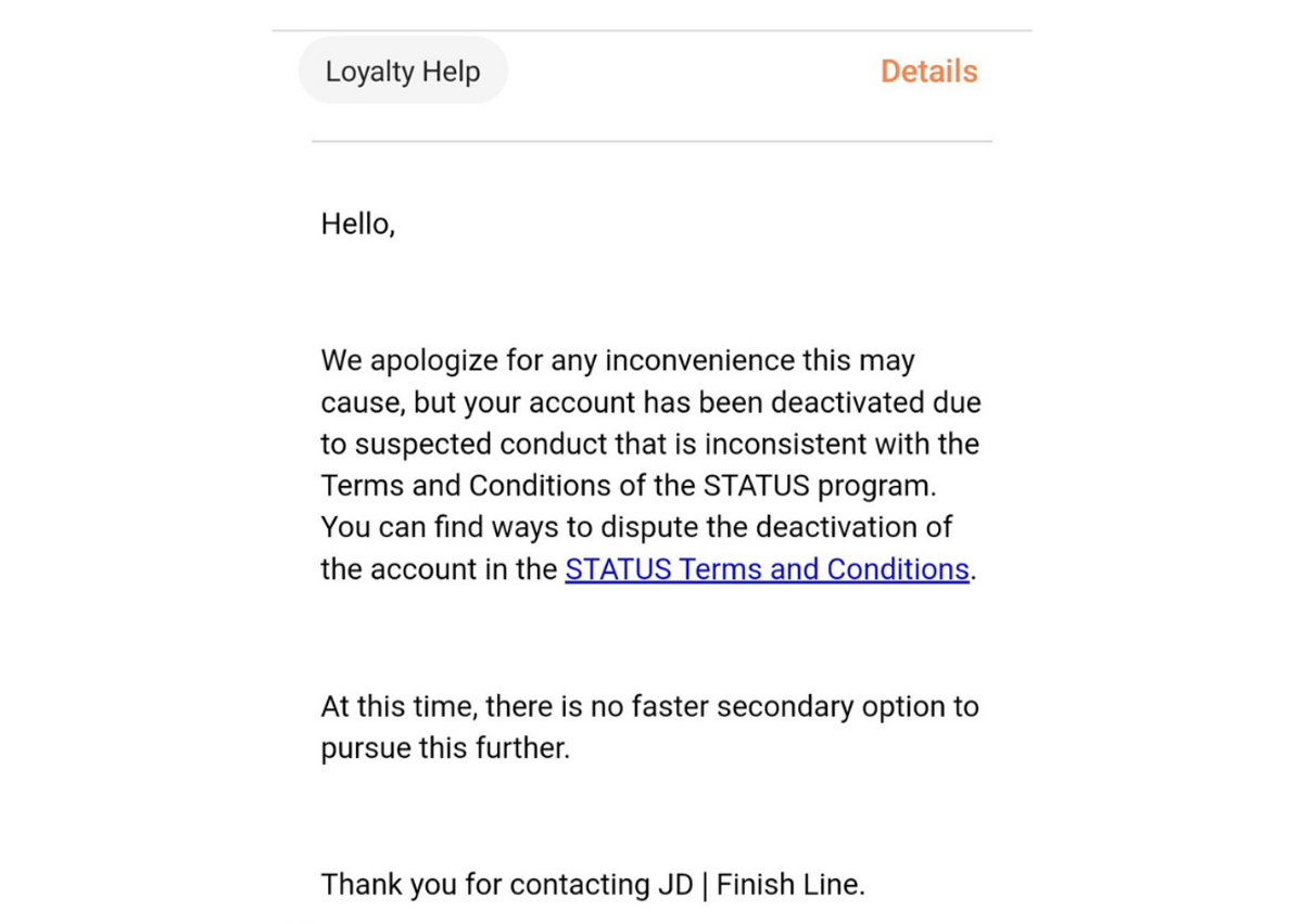 Customer Service Email Stating A Customers Account Was Deactivated (Image via 