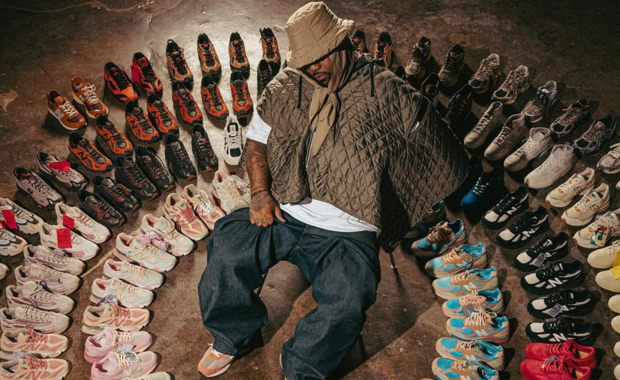 Joe Freshgoods surrounded by samples and released versions of his New Balance collaborations