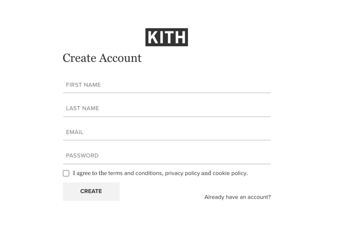 Account creation on Kith.com