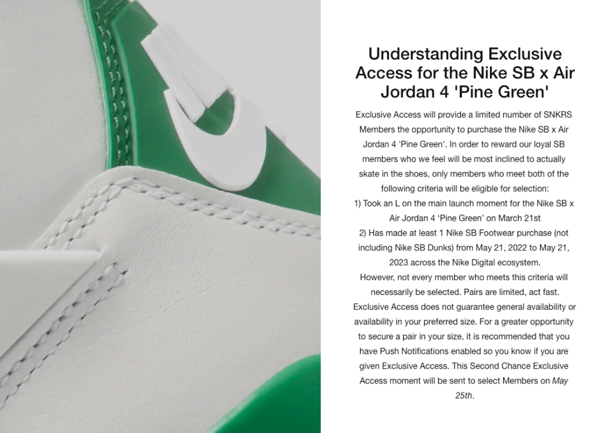 Nike SNKRS Criteria for Jordan 4 x Nike SB Pine Green Exclusive Access