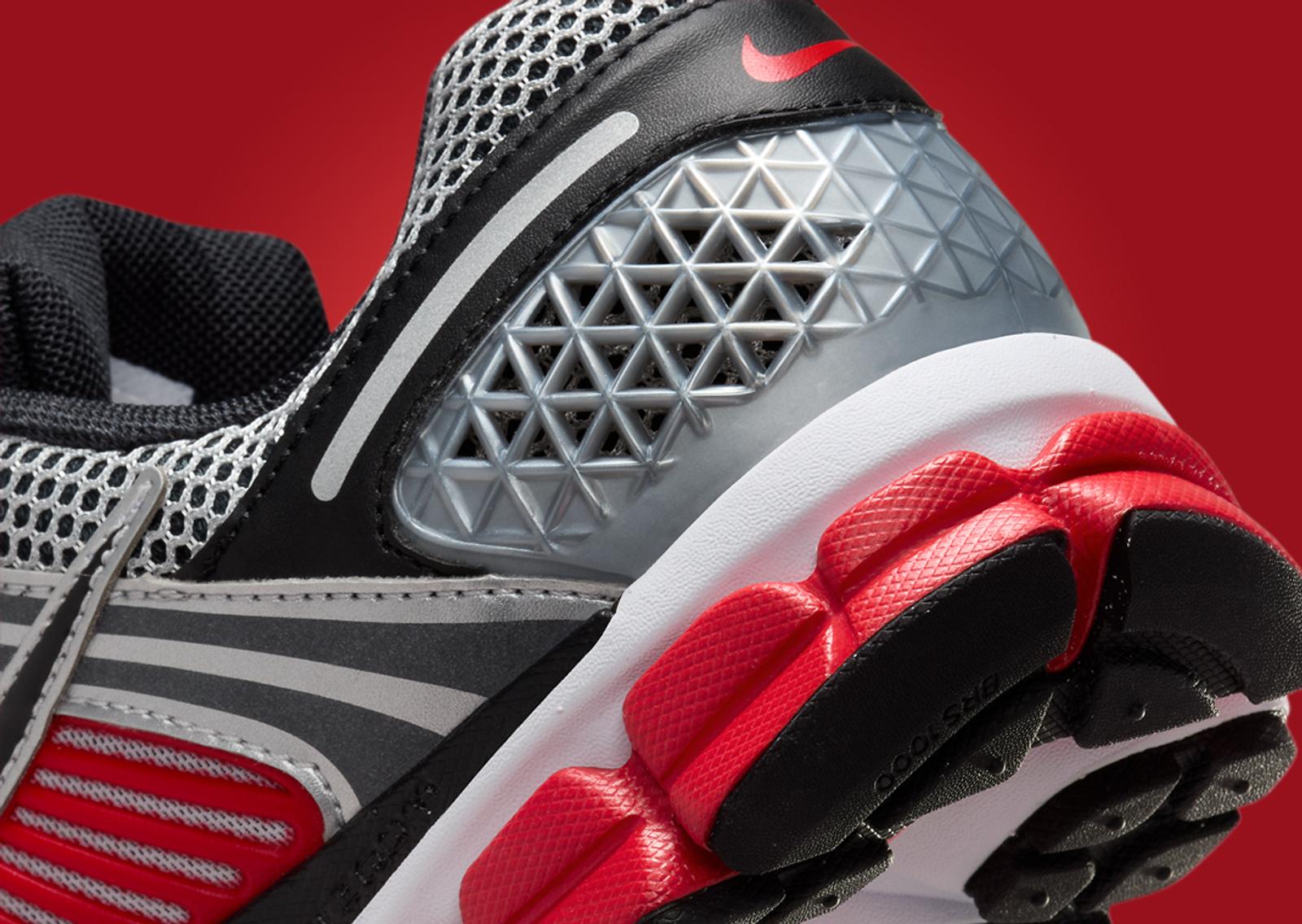 Nike Zoom Vomero 5 Metallic Silver University Red Heel Detail