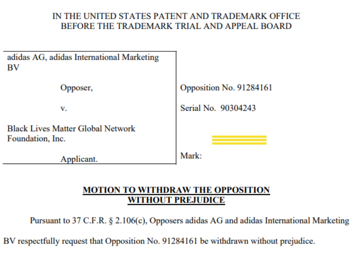 Document From The USPTO Showcasing adidas Withdrew Its Opposition Against BLM's Proposed Trademark
