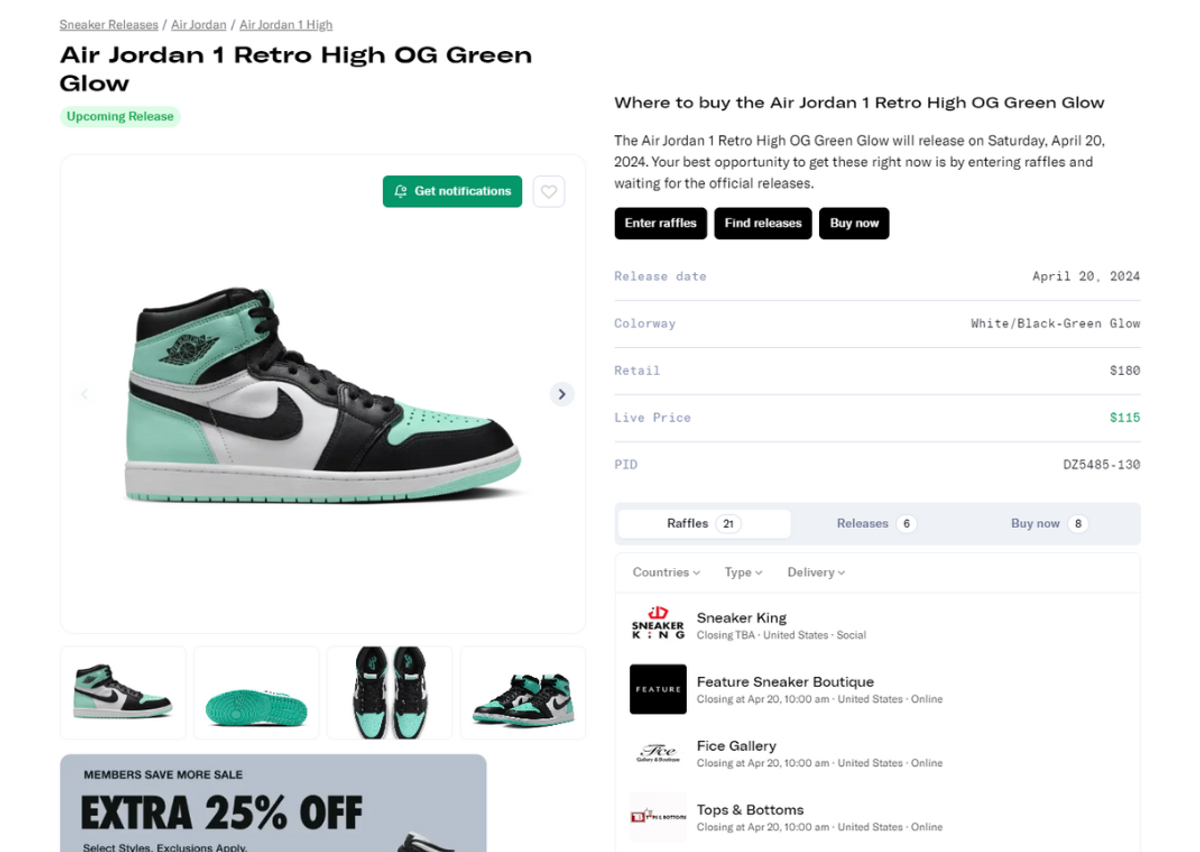 Jordan 1 High Green Glow Raffle Page
