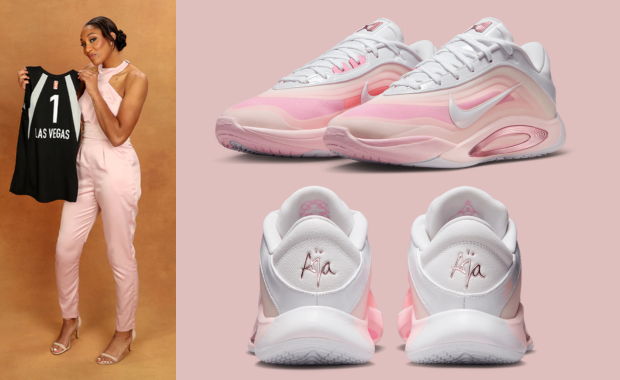 A'ja Wilson wearing her pink outfit in 2018 (left) and the Nike A'One #1 Draft Pick inspired by her outfit (right)