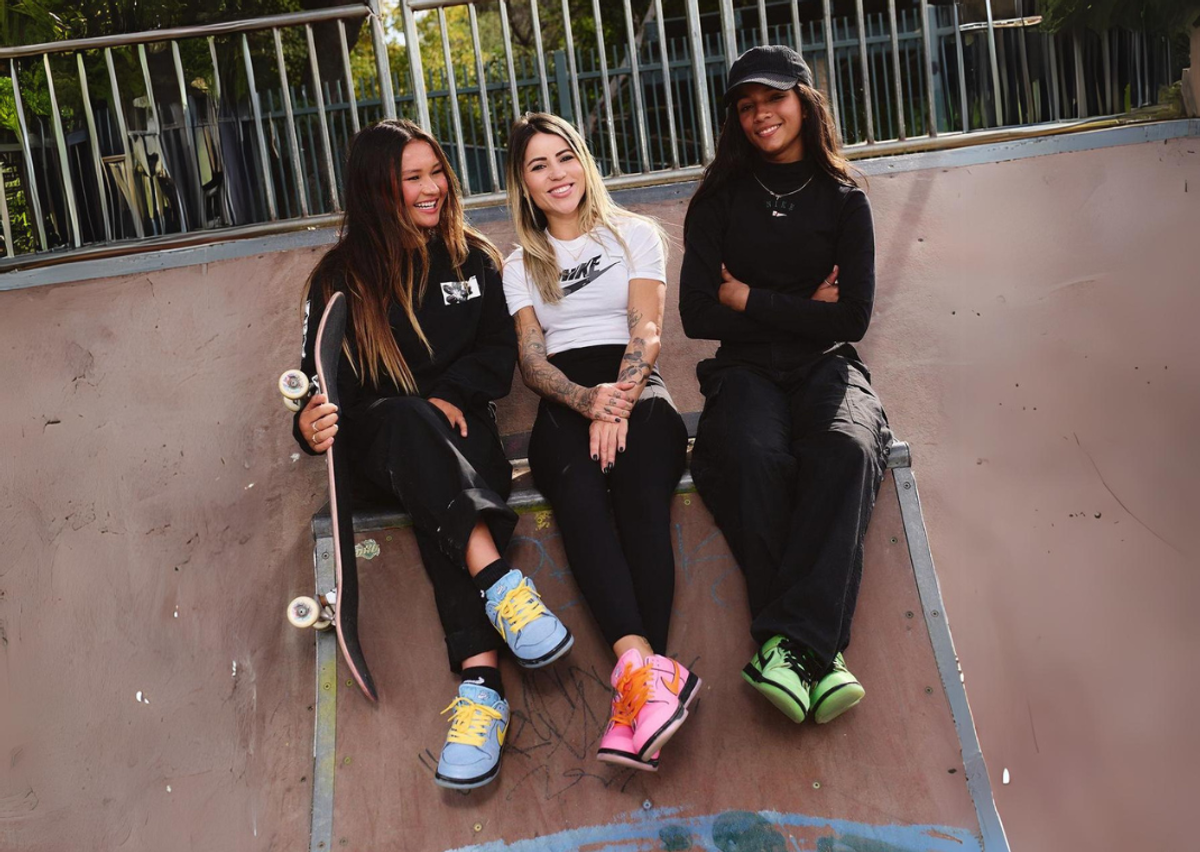 Sky Brown, Leticia Bufoni, and Rayssa Leal wearing the Powerpuff Girl x Nike SB Dunk Low Pack