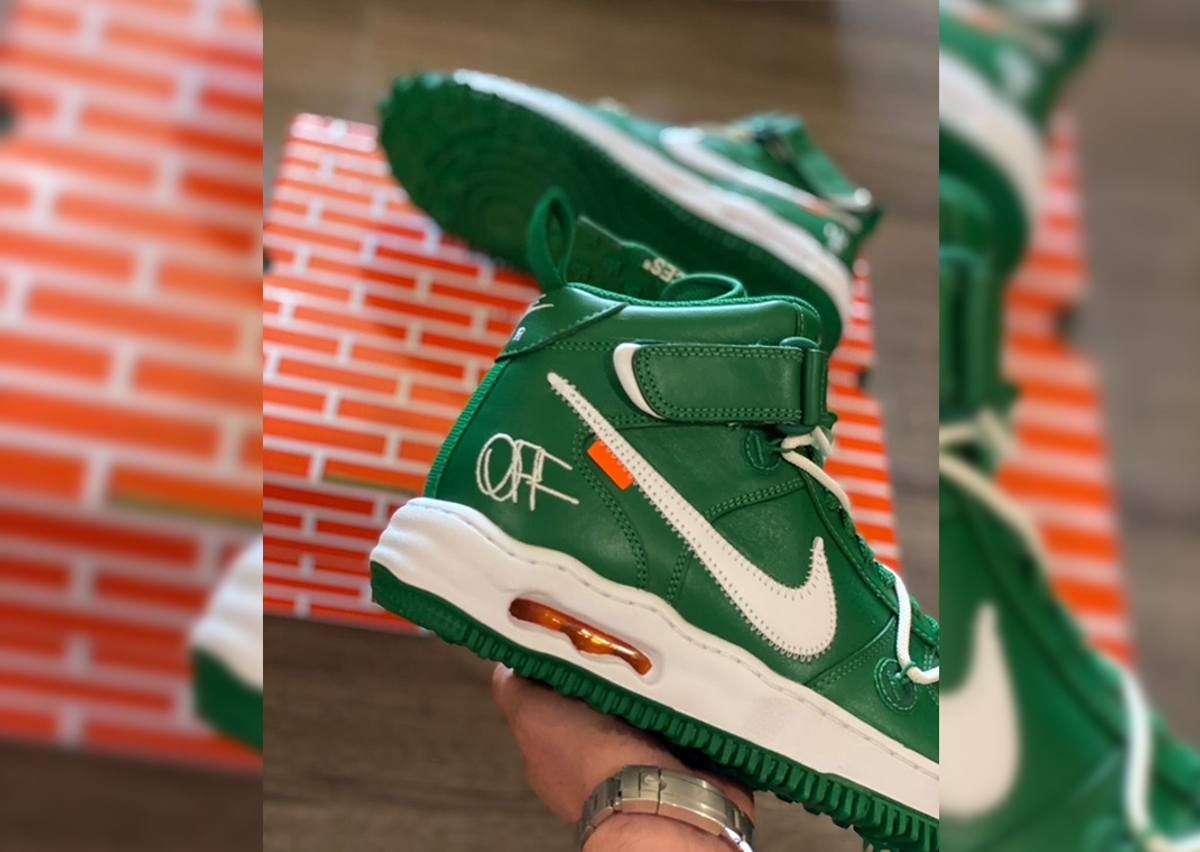 The Off-White x Nike Air Force 1 Mid 'Pine Green' continues the