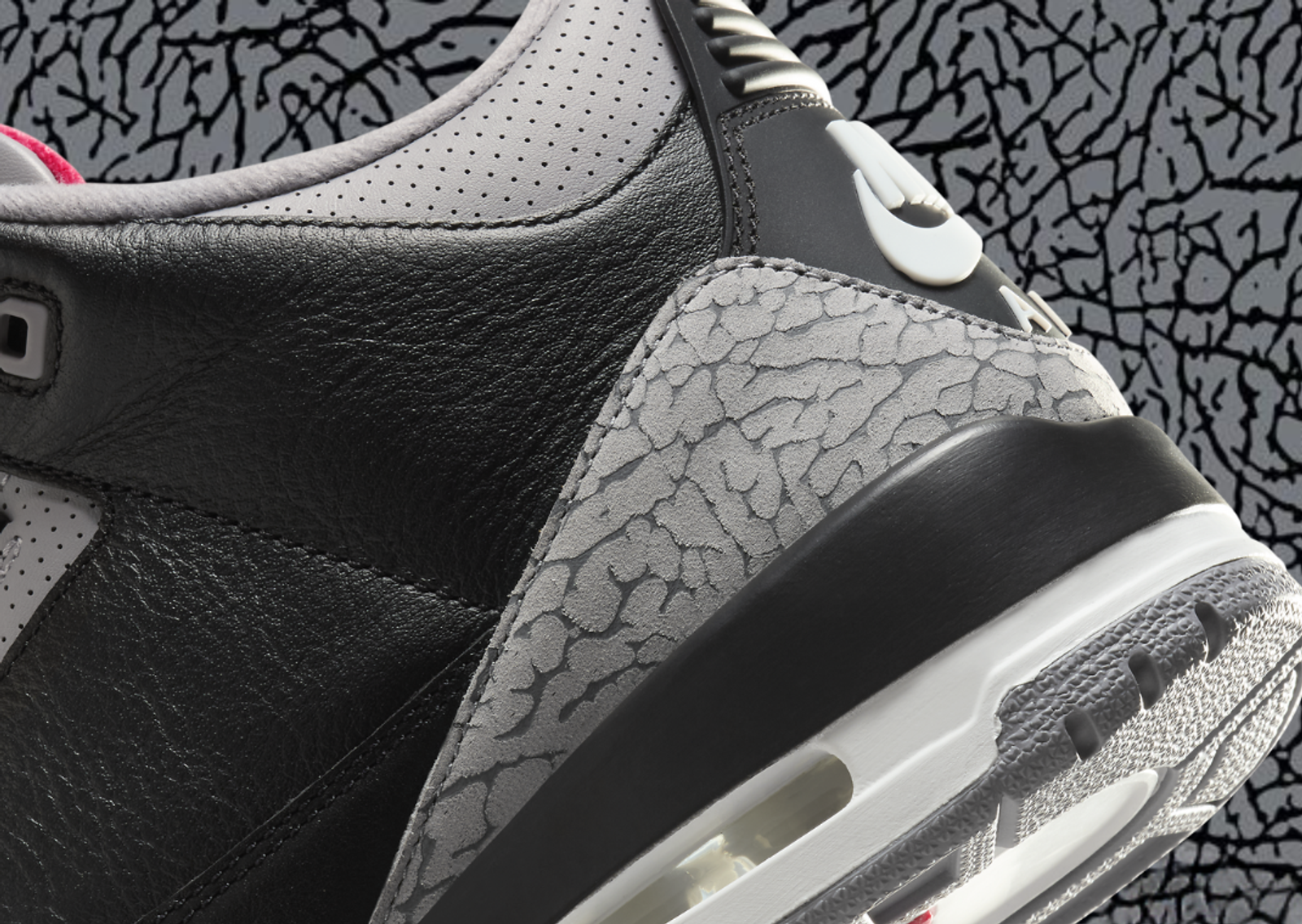 Air Jordan 3 Black Cement Elephant Print Heel