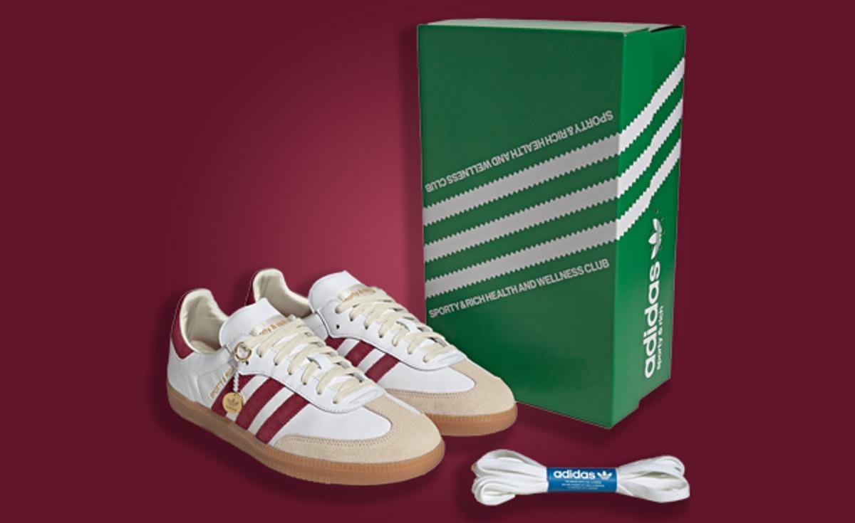 Sporty & Rich x adidas Samba White Collegiate Burgundy Sneakers and Packaging