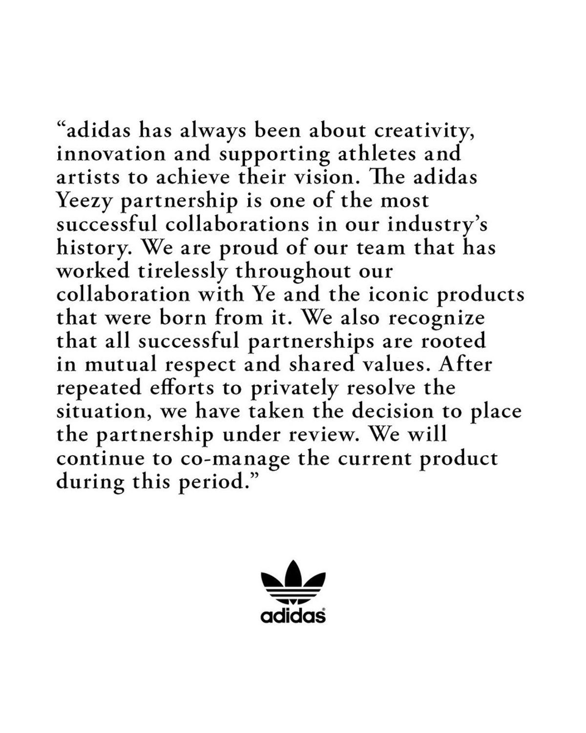 Official statement from adidas in regard to their partnership with Ye and his Yeezy brand 