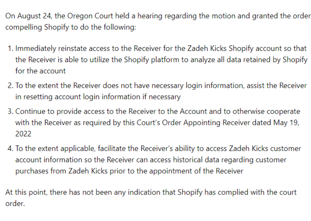 Court Order Compelling Shopify To Cooperate In The Zadeh Kicks Case (Image via 