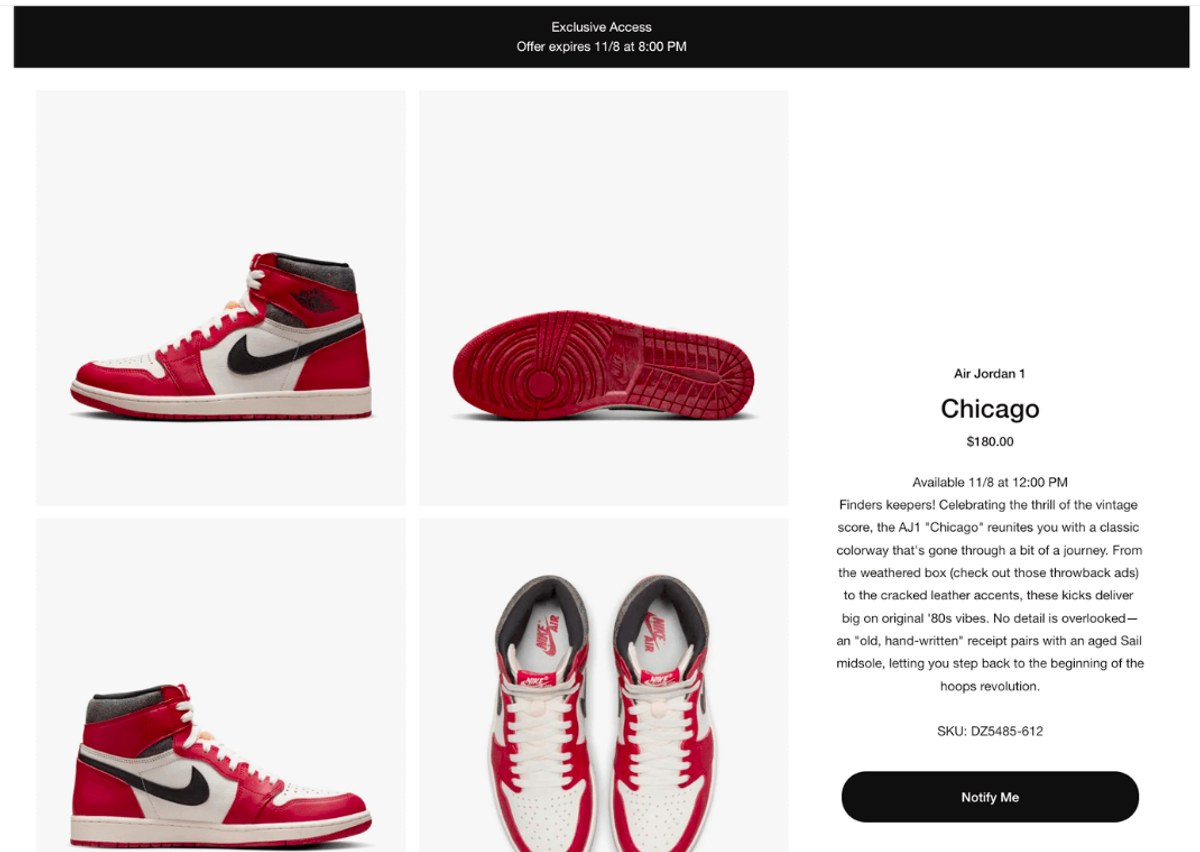 Example of SNKRS Exclusive Access for the Jordan 1 Lost and Found 
