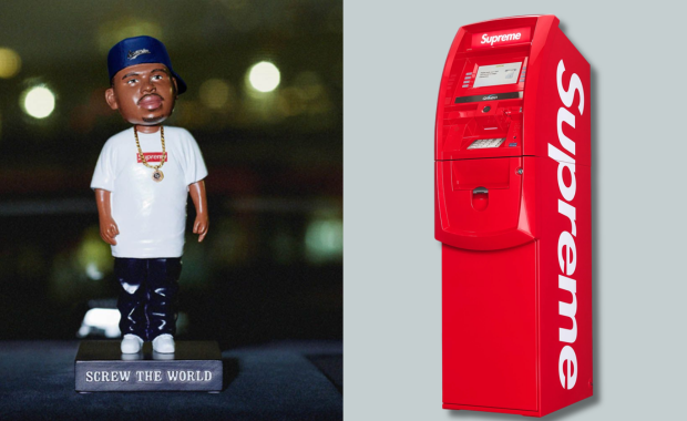 DJ Screw bobblehead (left) and the $9,000 Supreme ATM (right)
