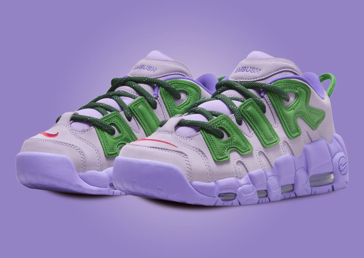 On Foot Look At The Vibrant AMBUSH x Nike Air More Uptempo Low Lilac Apple  Green Colourway