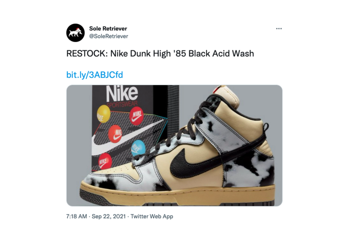 Example of a restock tweeted by @SoleRetriever on Twitter