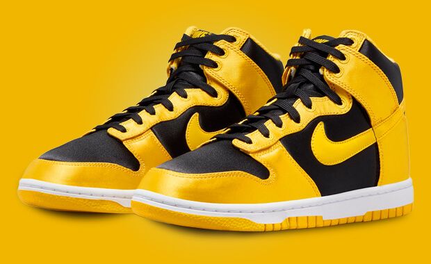 The Women's Nike Dunk High Satin Black Varsity Maize Releases November 2023