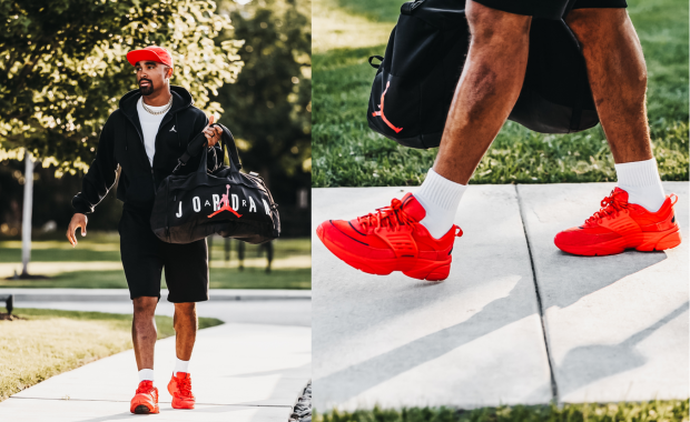 Jalen Hurts wearing an all-red Jordan Trunner O/S