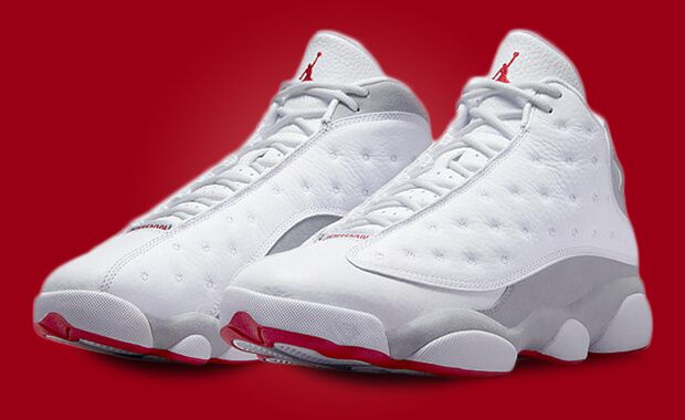 Jordan 13 red sale and white grey