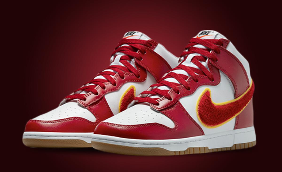 Gym Red Lands On This Nike Dunk High Chenille Swoosh