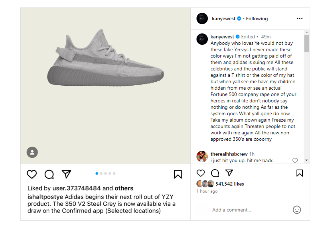 Kanye West Calls Out adidas For "Selling Fake Yeezys," Alleges The Brand Is  Suing Him For $250 Million