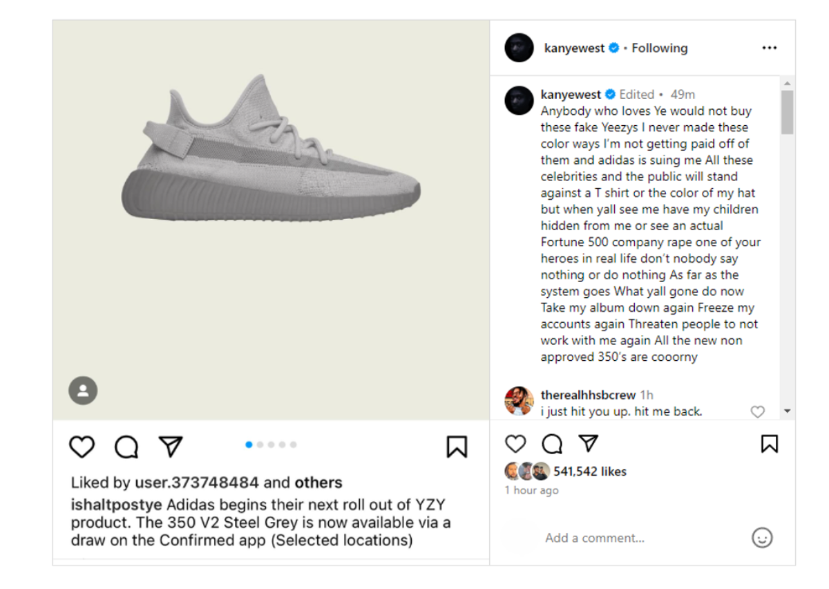Kanye West Instagram Post Calling Yeezys Fake