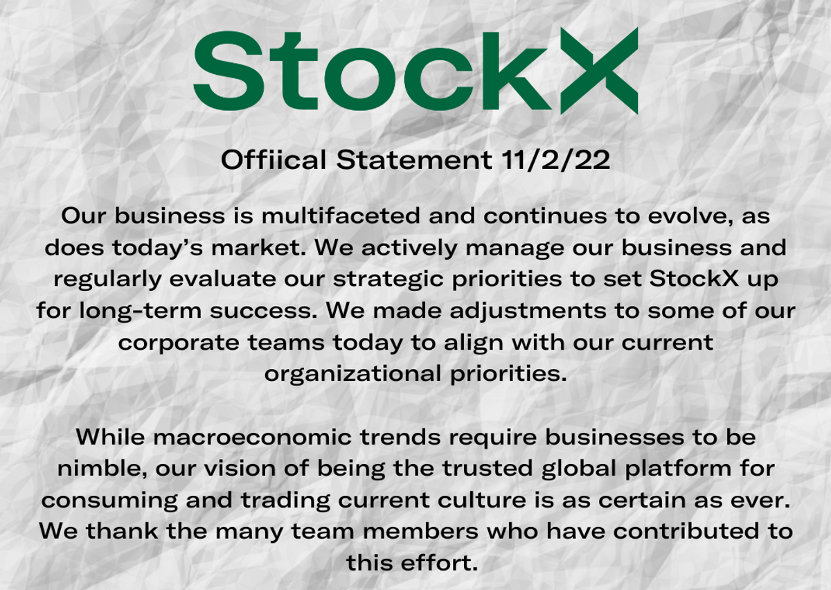 StockX's official statement on November 2nd layoffs