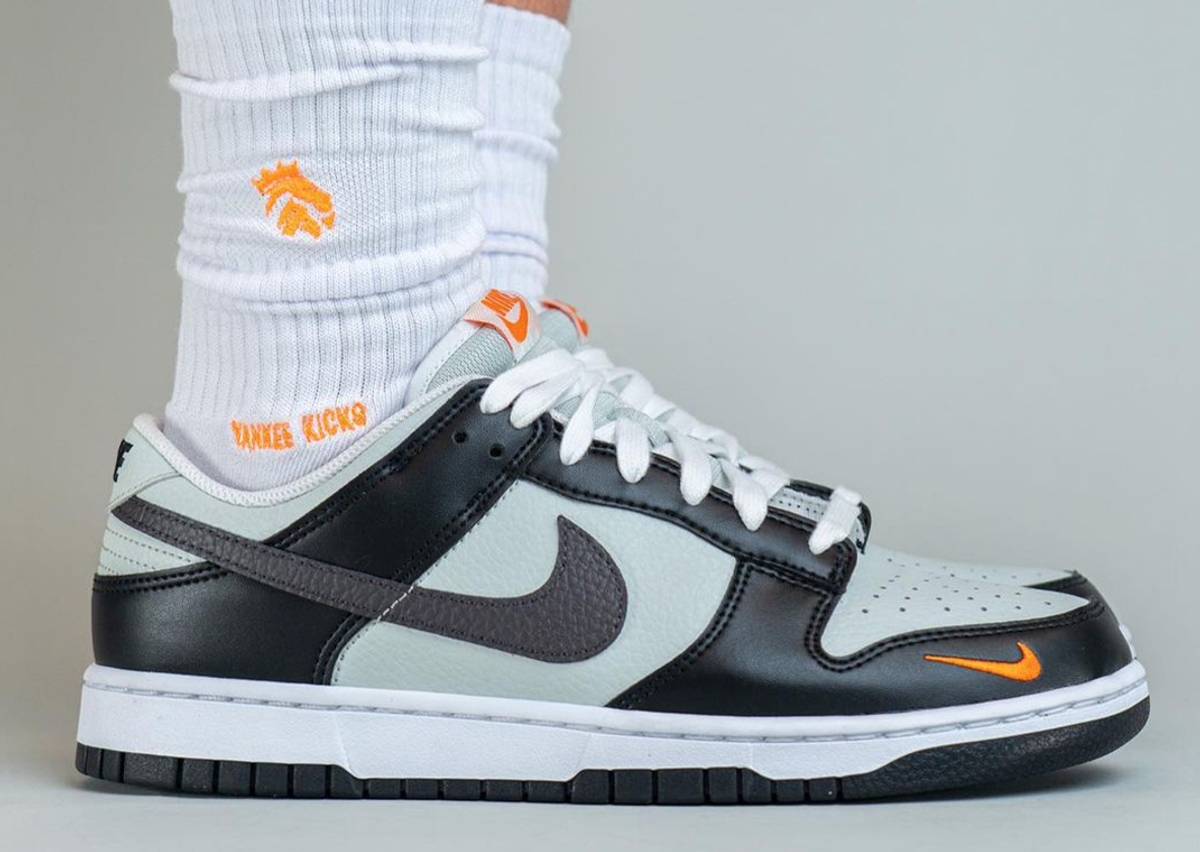 Nike Dunk Low Grey Black Orange Mini Swoosh - On Feet and Check