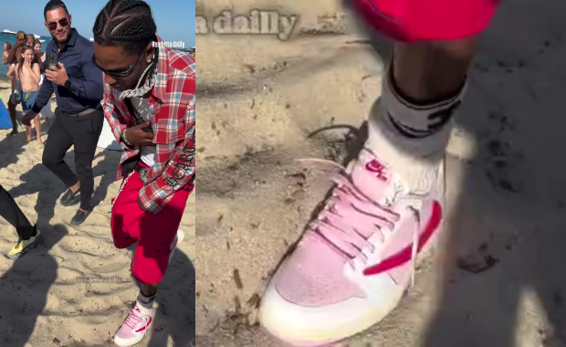 Travis Scott wearing the canceled Travis Scott x Air Jordan 1 Retro Low OG Shy Pink