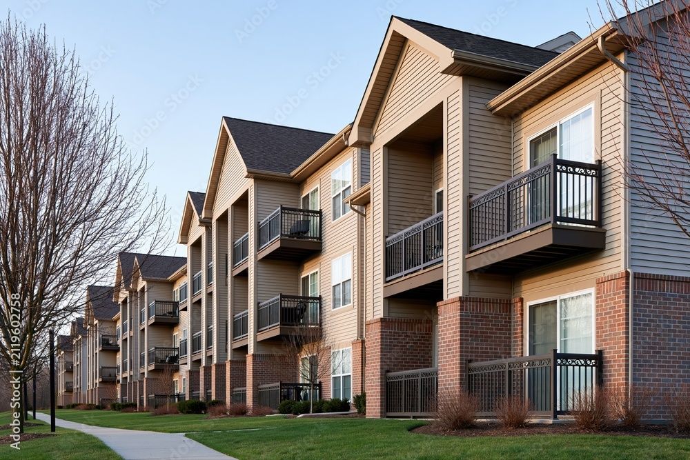 Multi-family apartment building with tan siding, brick accents, dark shingle roof, and balconies along a landscaped walkway